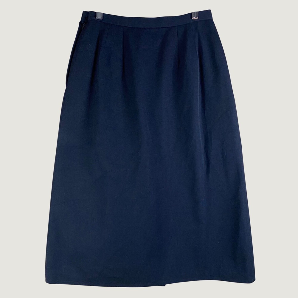 Harve Benard Wool Skirt Womens 8 Navy Blue Lined Pleat Pockets Pencil Midi *FLAW